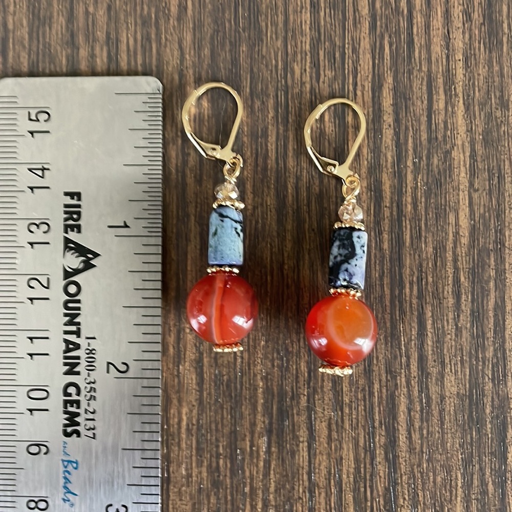 HAND CRAFTED EARRINGS Sodalite and Carnelian with Crystals - Picture 3 of 10